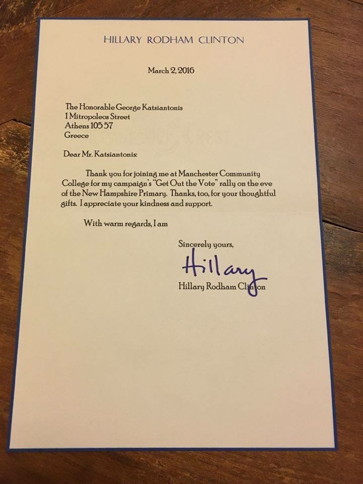 Ευχαριστήρια επιστολή της Χίλαρι Κλίντον στο Γ. Κατσιαντώνη