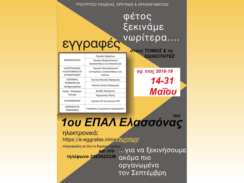 Αιτήσεις – εγγραφές για 9 ειδικότητες στο 1ο ΕΠΑΛ Ελασσόνας